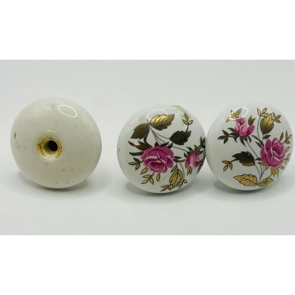 LOT Of 3 VTG Porcelain/Ceramic Drawer/Cabinet Knobs 2 With Pink Roses And Gold.